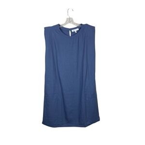 Fever Linen Sheath Dress Washed Denim Blue Pockets Shoulder Pads